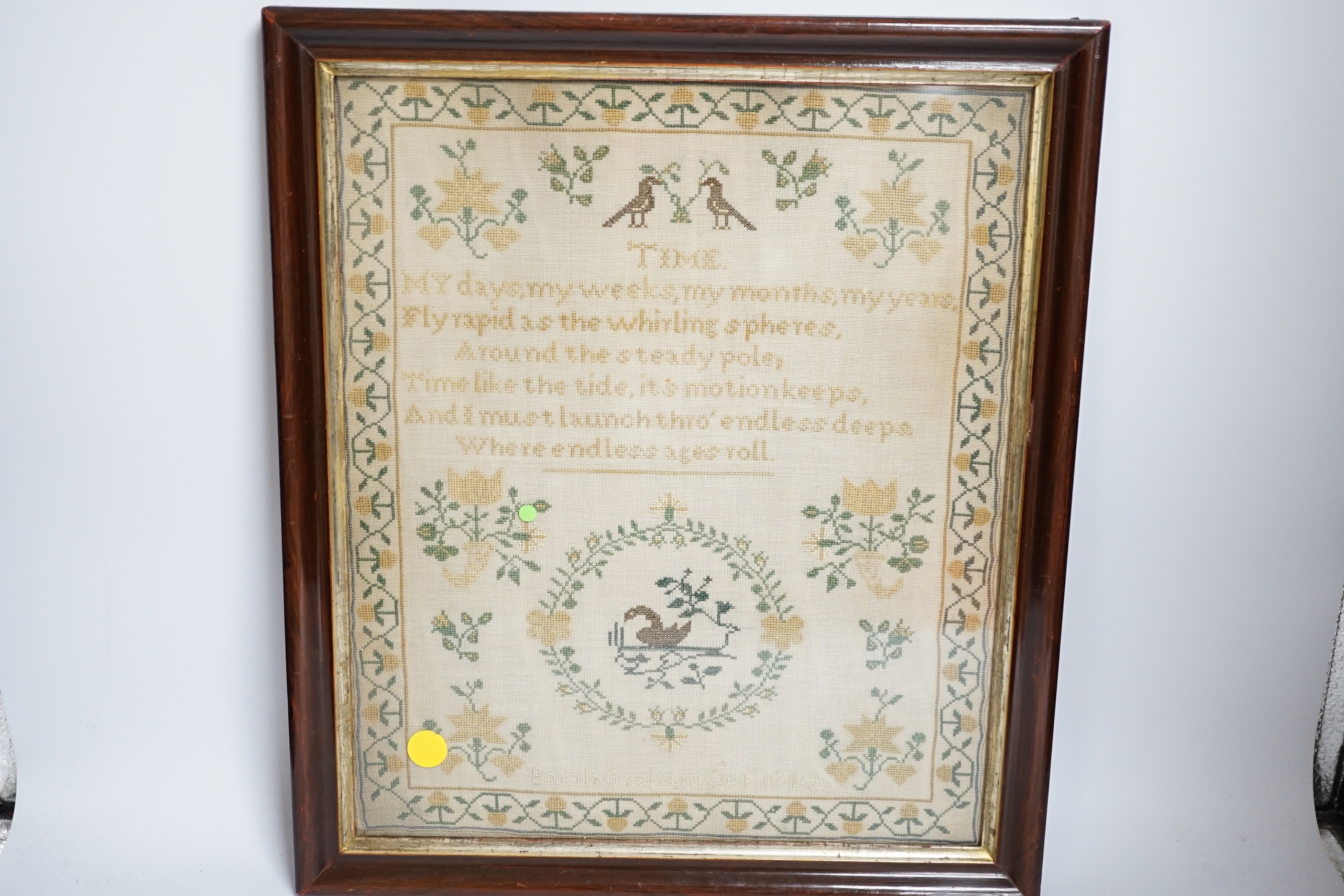 A fine cross stitch needlework sampler, by Sarah Graham, dated Oct 1842, in original frame, 36 x 30cms, and a later wool worked sampler ‘’Elizabeth Ann Stamsby’s Work Aged 10 Years 1865’’ (2)